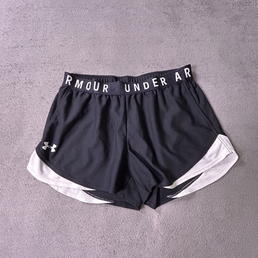 Under Armour Athletic Shorts Womens Medium Black White Elastic Waist Play Up 3.0